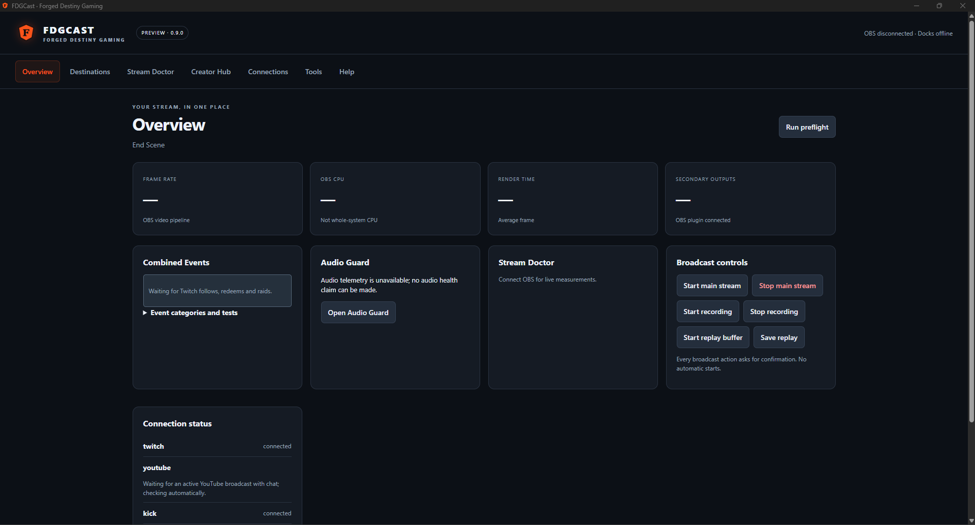 FDGCast Companion overview showing connection status, broadcast controls, Audio Guard and Stream Doctor while OBS is disconnected.