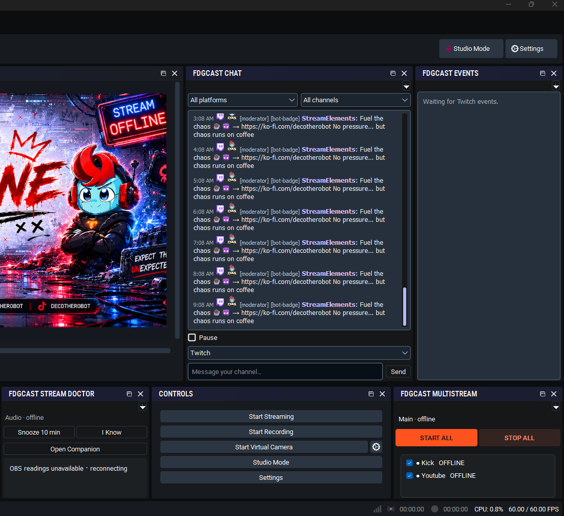 FDGCast docks in OBS showing Twitch chat messages, an earlier activity-feed dock waiting for activity and offline Kick and YouTube multistream destinations.